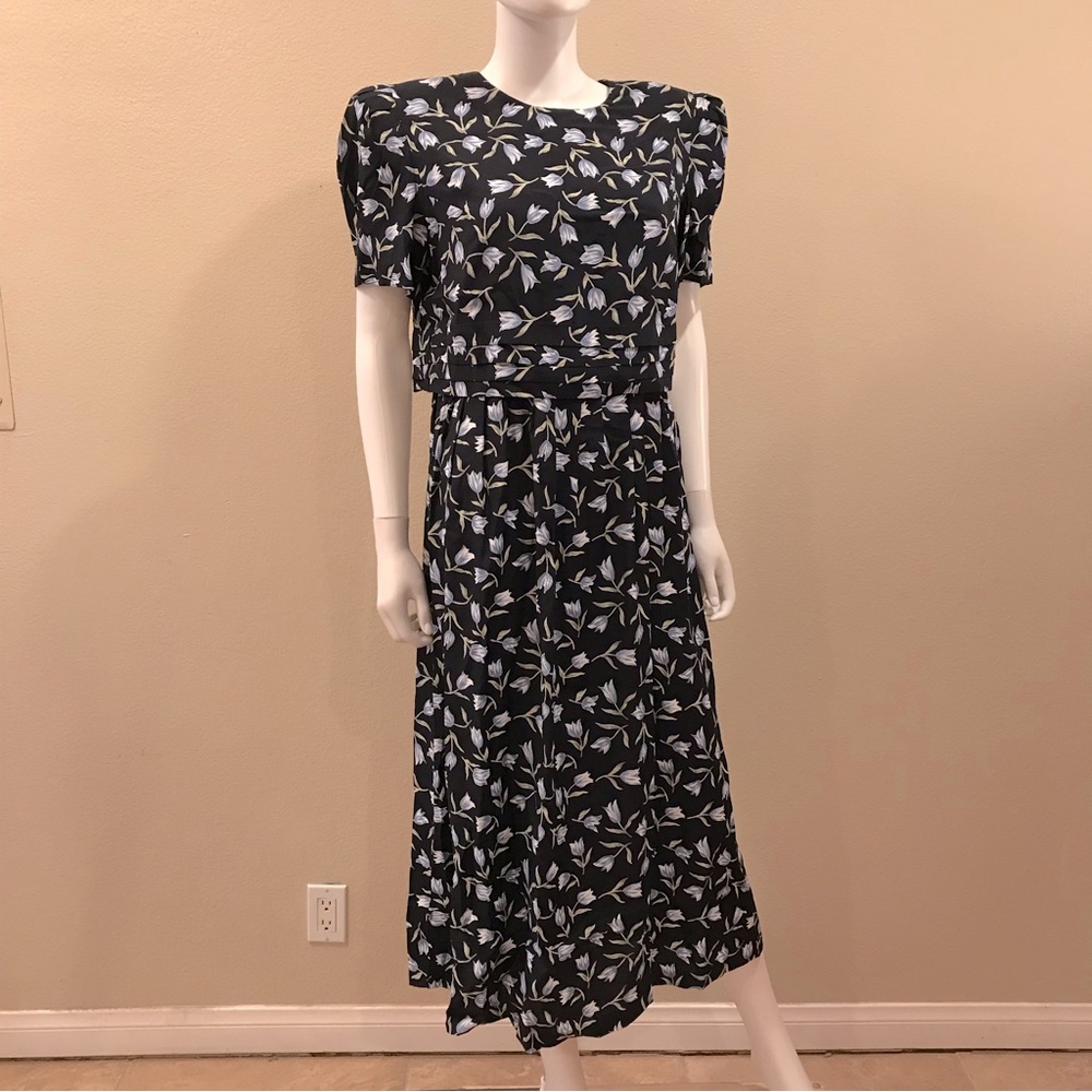 Vintage 90s Worthington Floral Dress NEW Size 14 Large Navy Blue Tulips